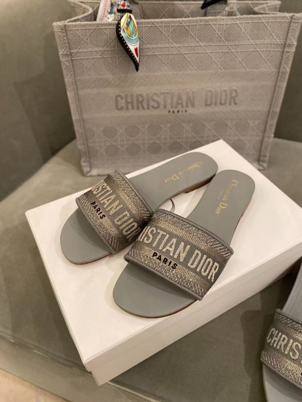 Dior Women's Embroidered Slide Sandals in  Gray
